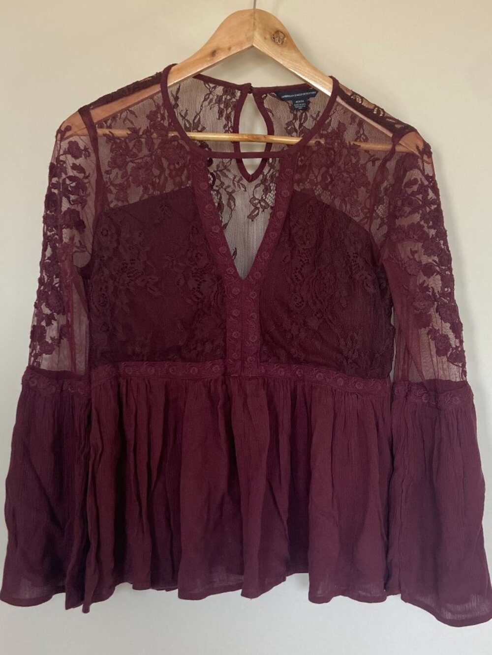 American Eagle Outfitters Women's Burgundy Lace Sheer Deep V Neck Bell Sleeve M